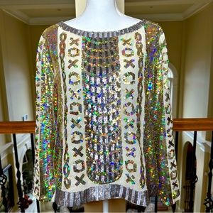 Boston Proper, Gold, Silver & Ivory Sequin Embellished “XOXO” Sweater, size L 💘